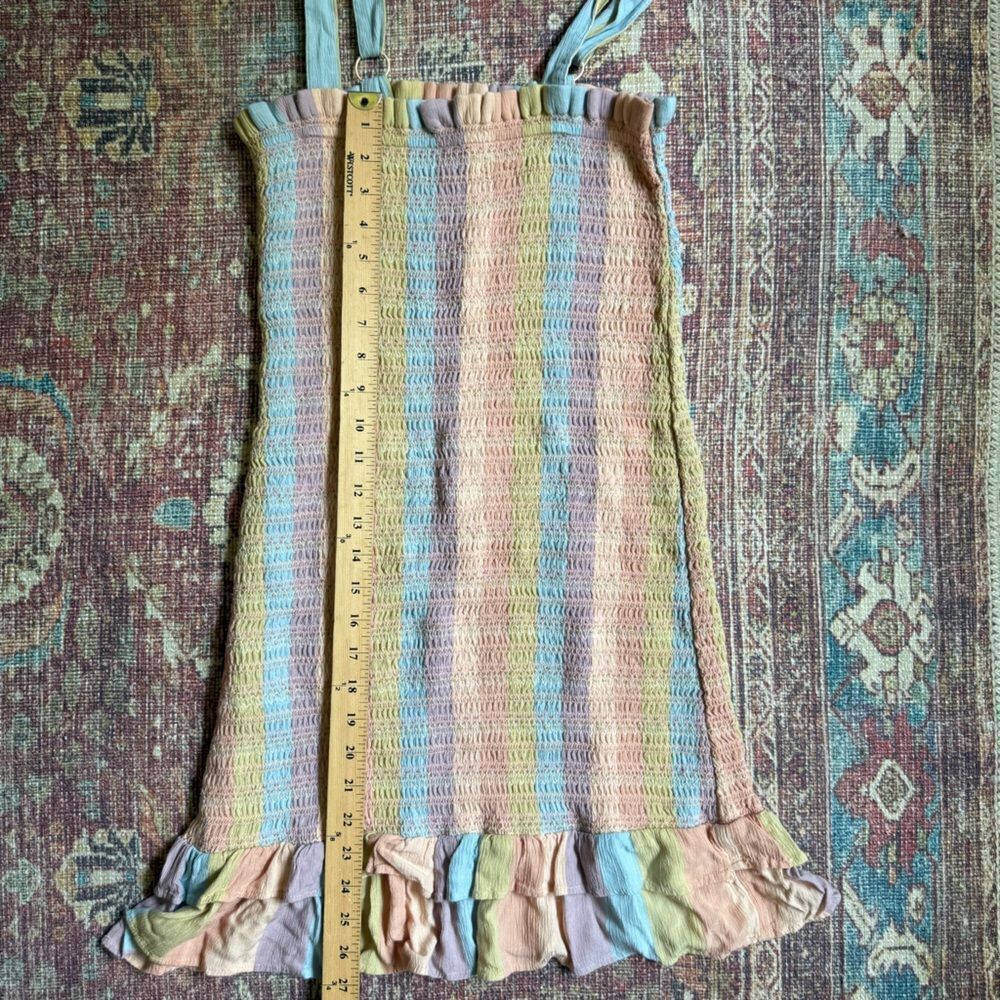 Small American Eagle Smocked BodyCon Dress with Ruffle Hem Multicolor Pastel - Picture 2 of 10